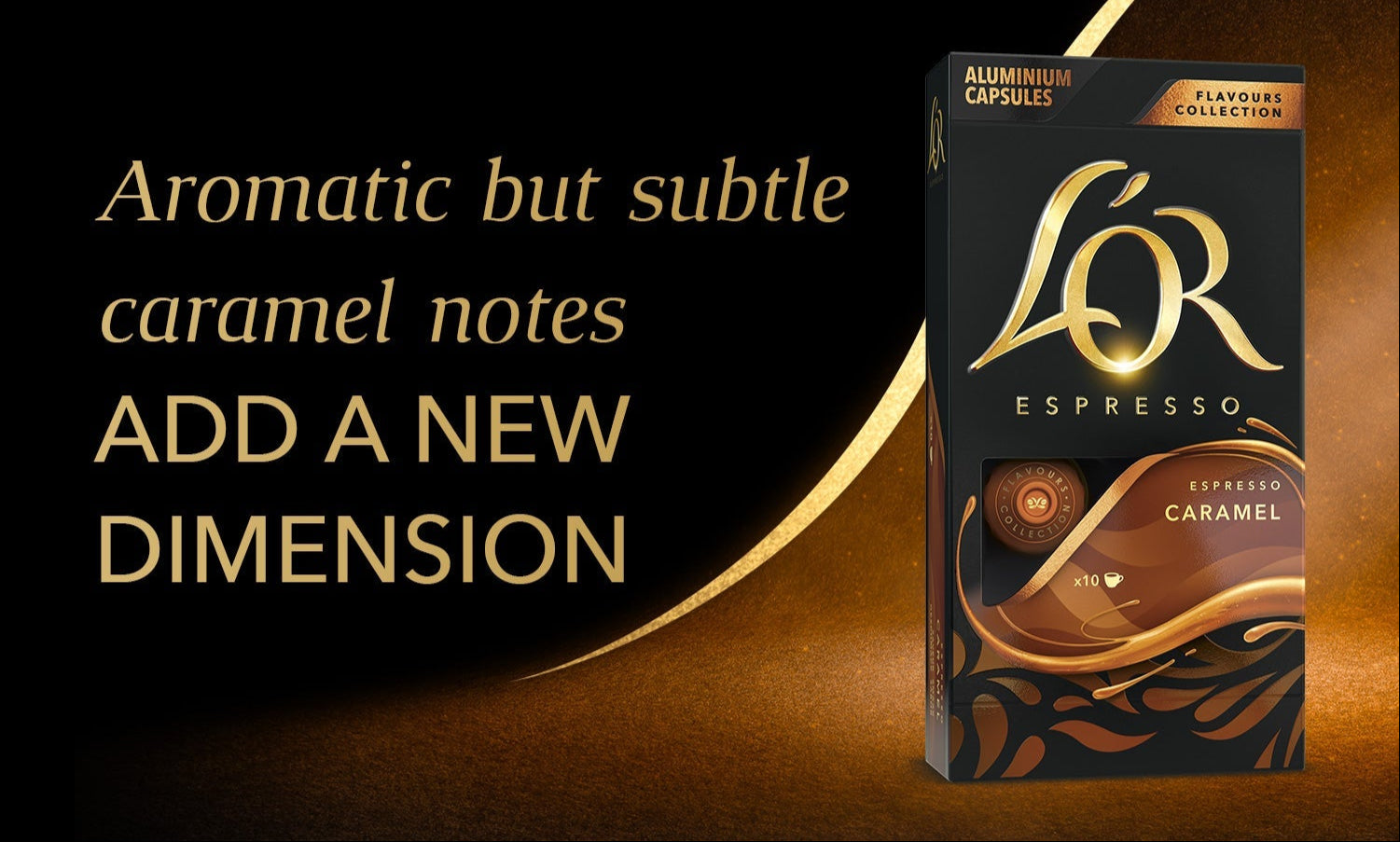 Lor Caramel Espresso caramel flavored packaging with text on a dark background